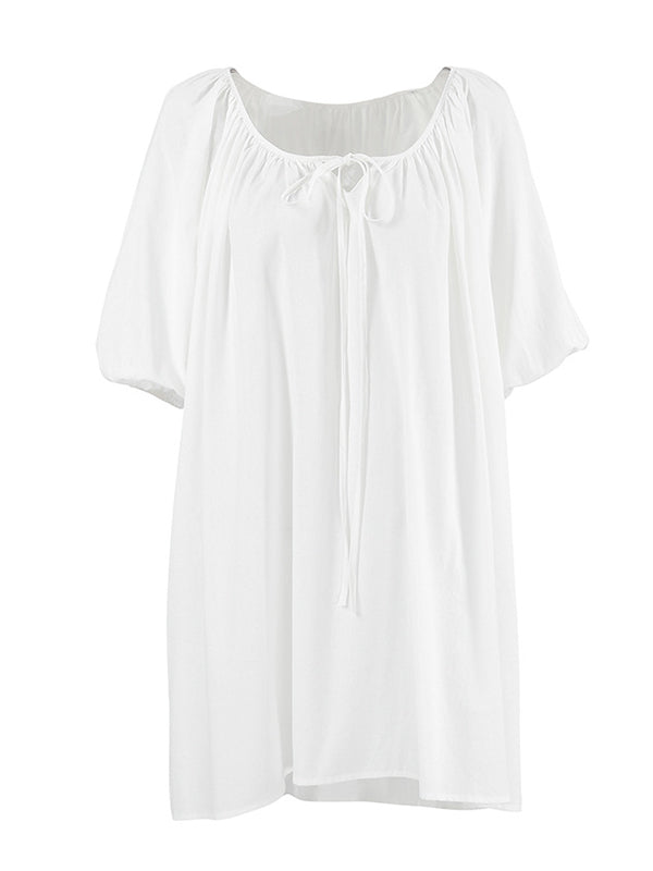 Loose Puff Sleeves Lace-Up Pleated See-Through Solid Color V-Neck Mini Dresses Sleep Dress