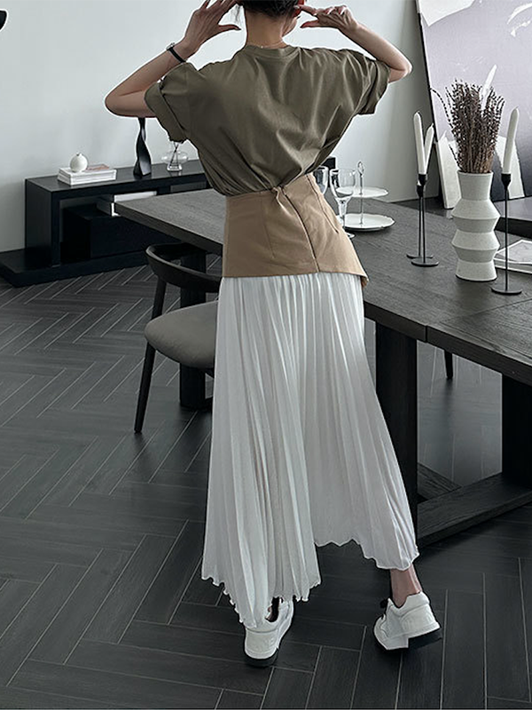A-Line Loose Contrast Color Pleated Split-Joint Skirts Bottoms