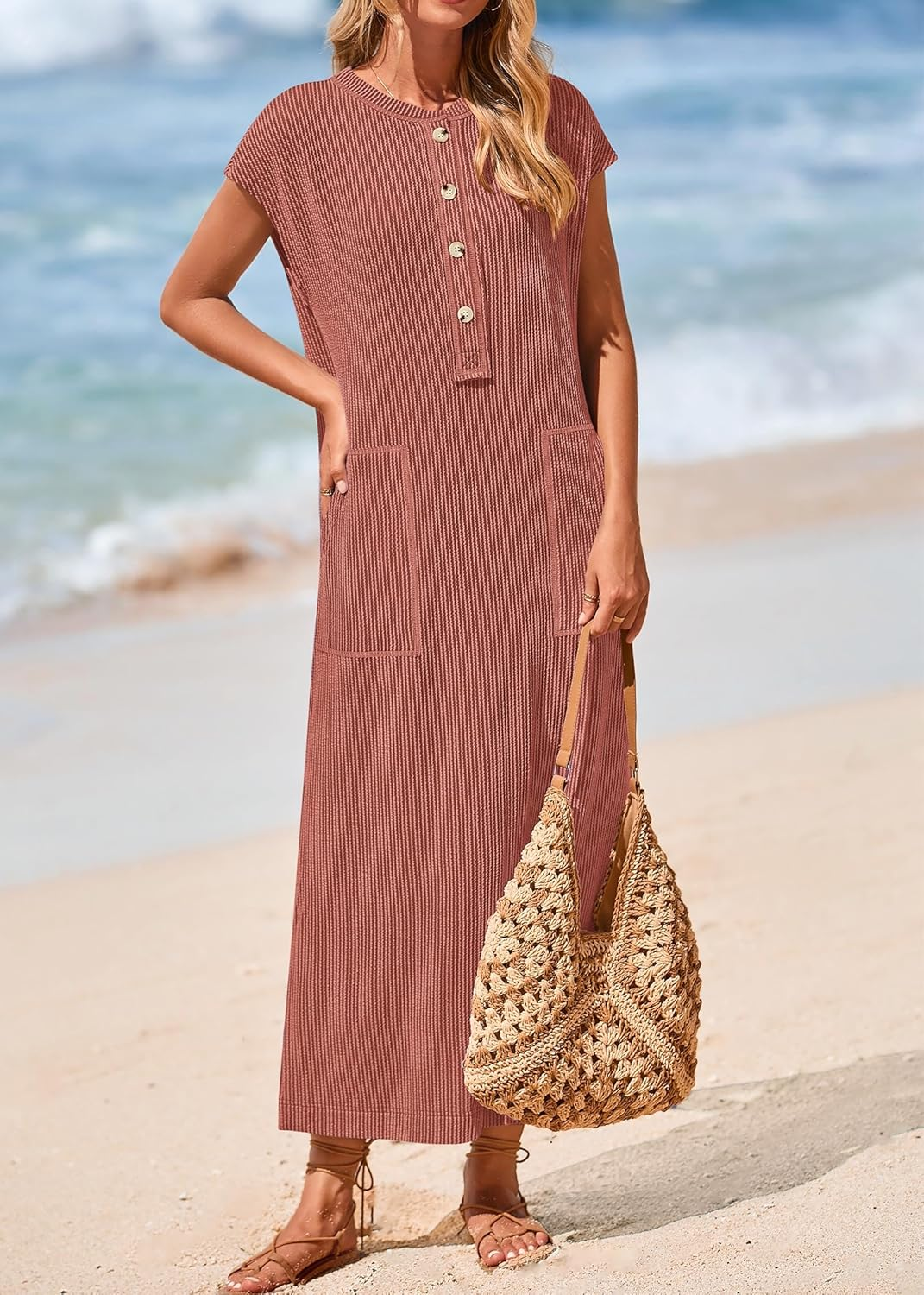 Women's  Ribbed Knit Henley Button Up Maxi Dress (Buy 2 Free Shipping)