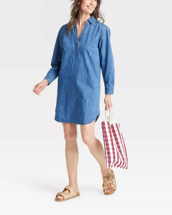 V-Neck Oversized Denim Dress With Side Pockets (Buy 2 Free Shipping)