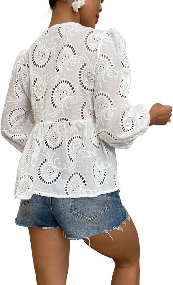 Women's Lace 3/4 Length Puff Sleeve Peplum Tops (Buy 2 Free Shipping)