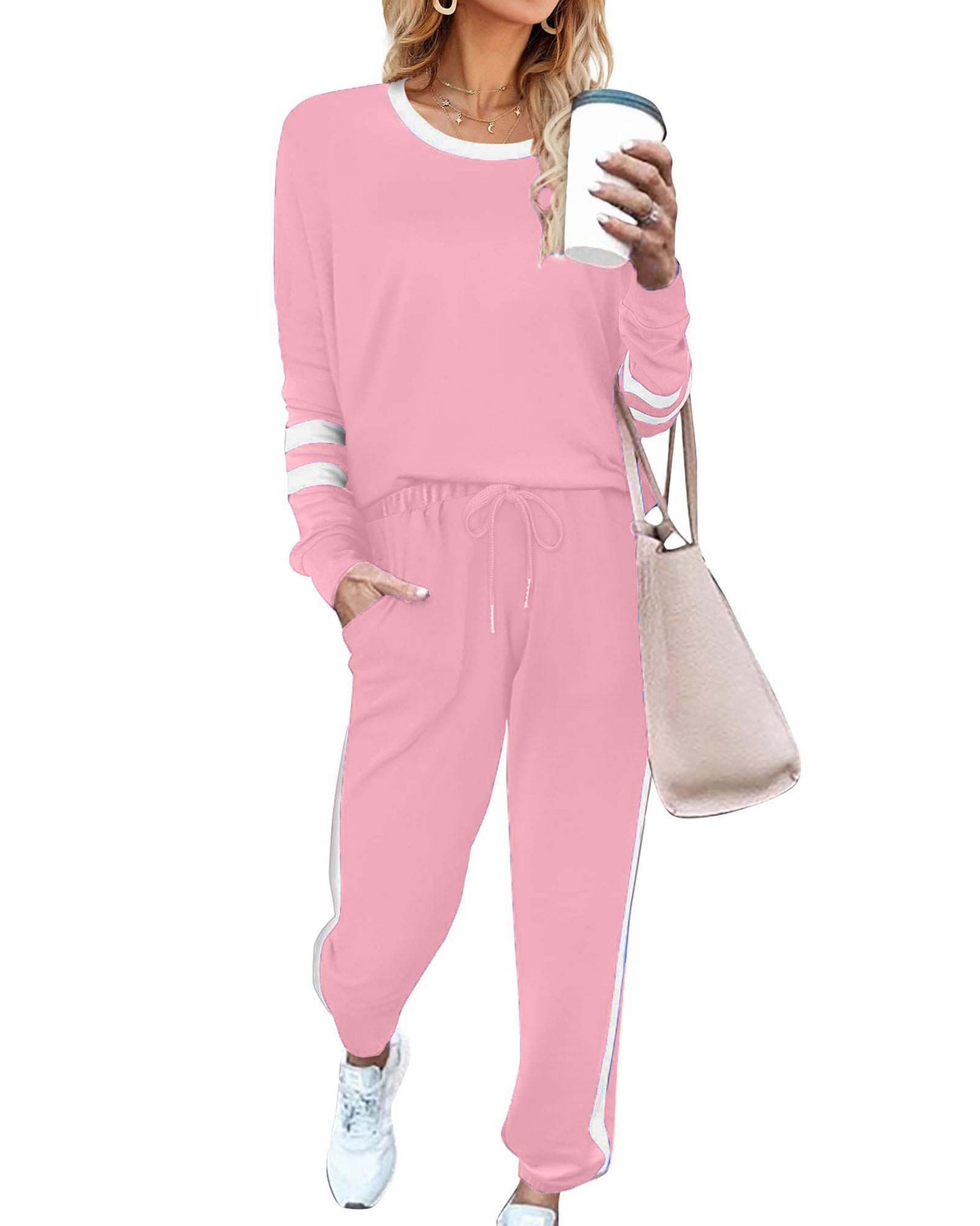 Women's Long-Striped Sweatshirt And High-Waist Drawstring Sweatpants Set (Buy 2 Free Shipping)