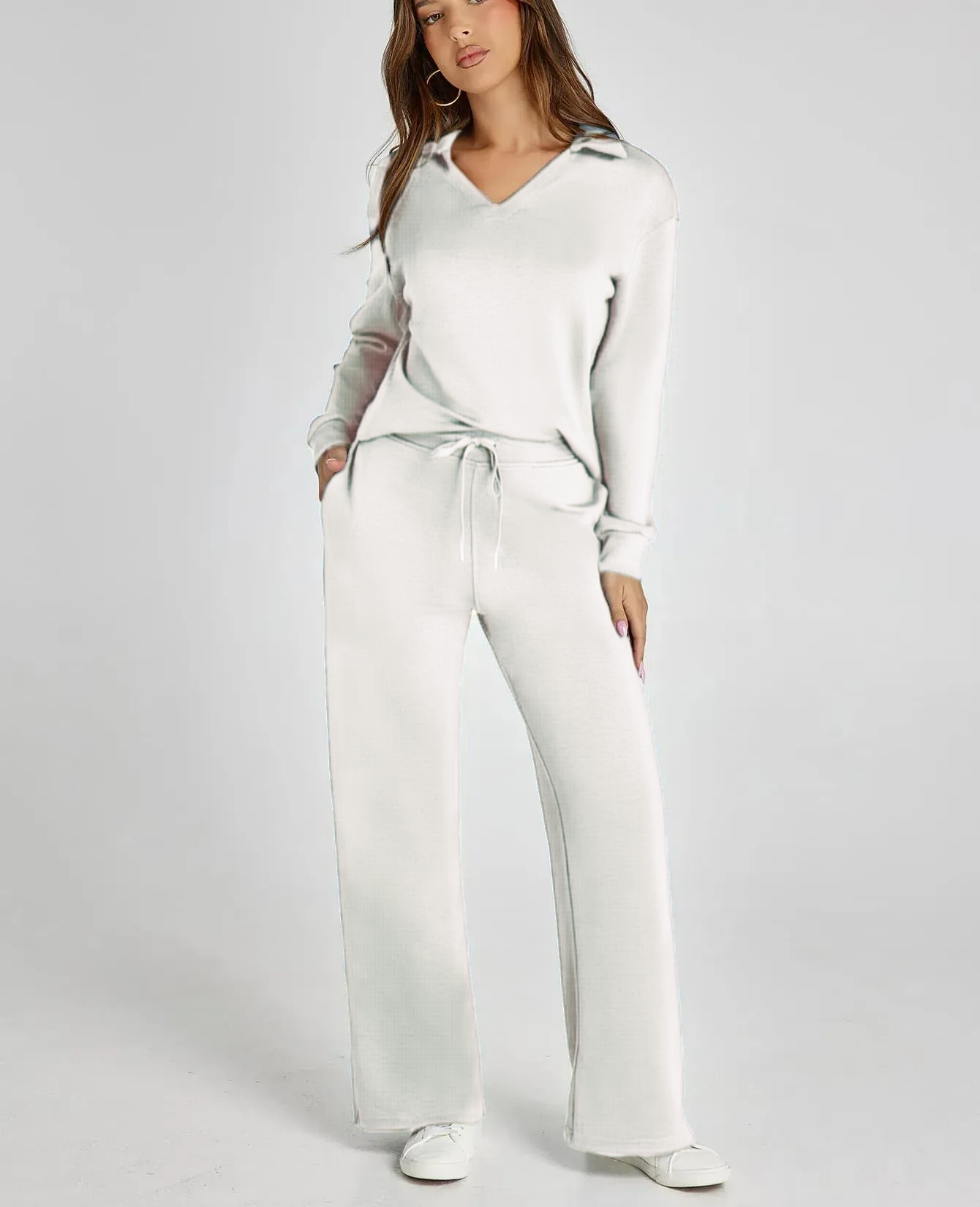 2025 Spring Women's Polo Shirt Long Sleeve and Wide Leg Pants Set (Buy 2 Free Shipping)