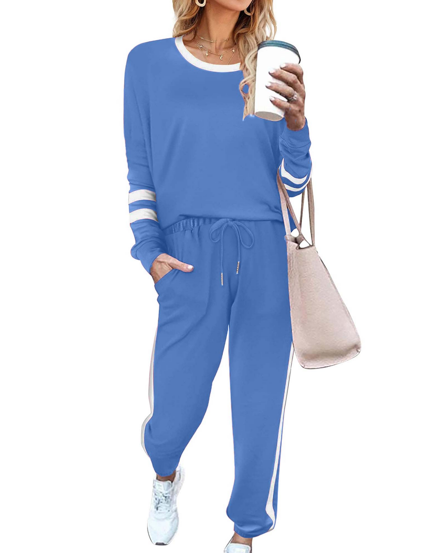 Women's Long-Striped Sweatshirt And High-Waist Drawstring Sweatpants Set (Buy 2 Free Shipping)