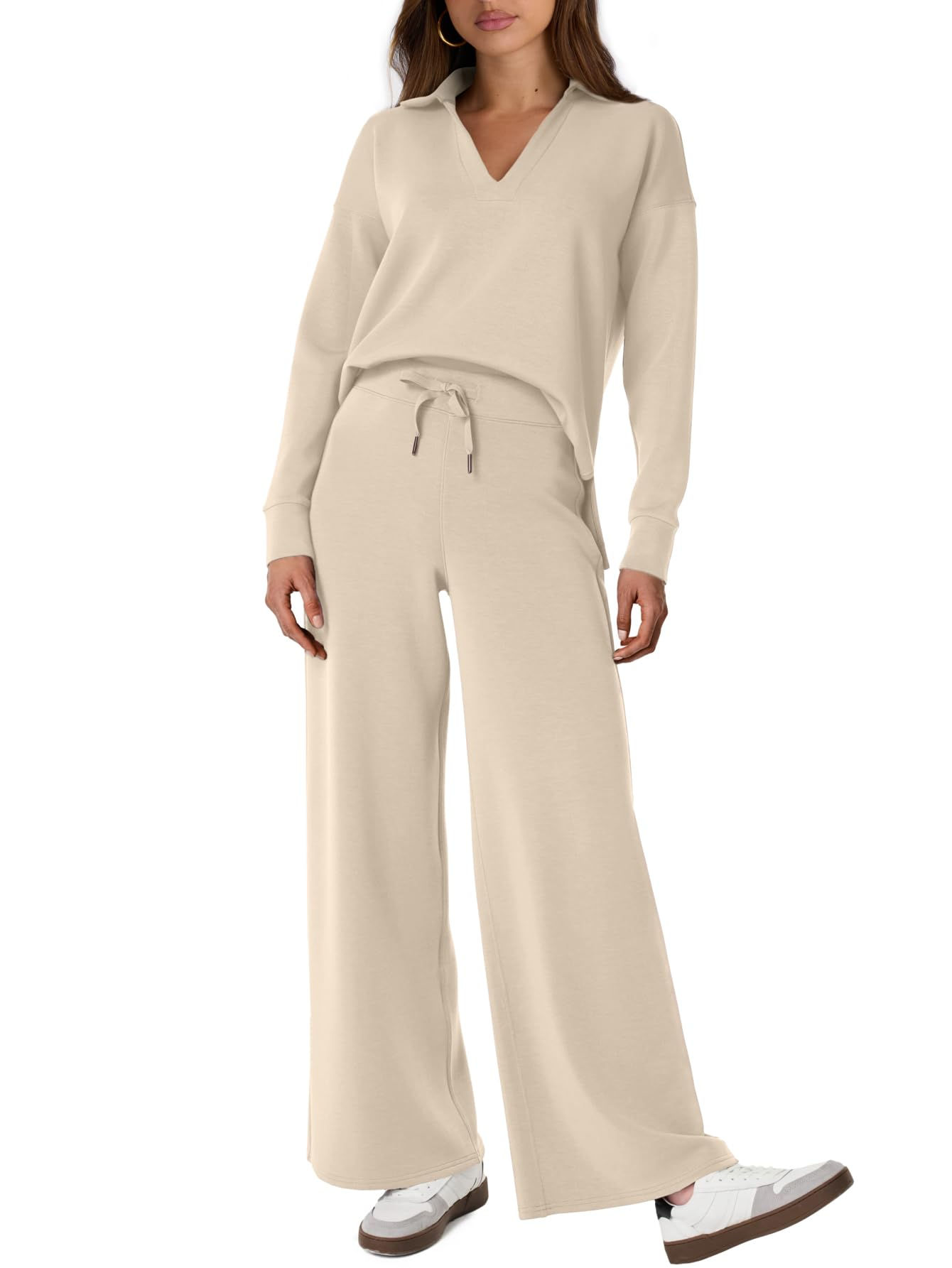 2025 Spring Women's Polo Shirt Long Sleeve and Wide Leg Pants Set (Buy 2 Free Shipping)