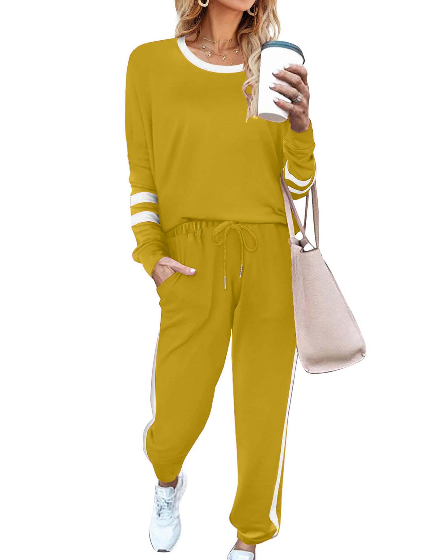 Women's Long-Striped Sweatshirt And High-Waist Drawstring Sweatpants Set (Buy 2 Free Shipping)