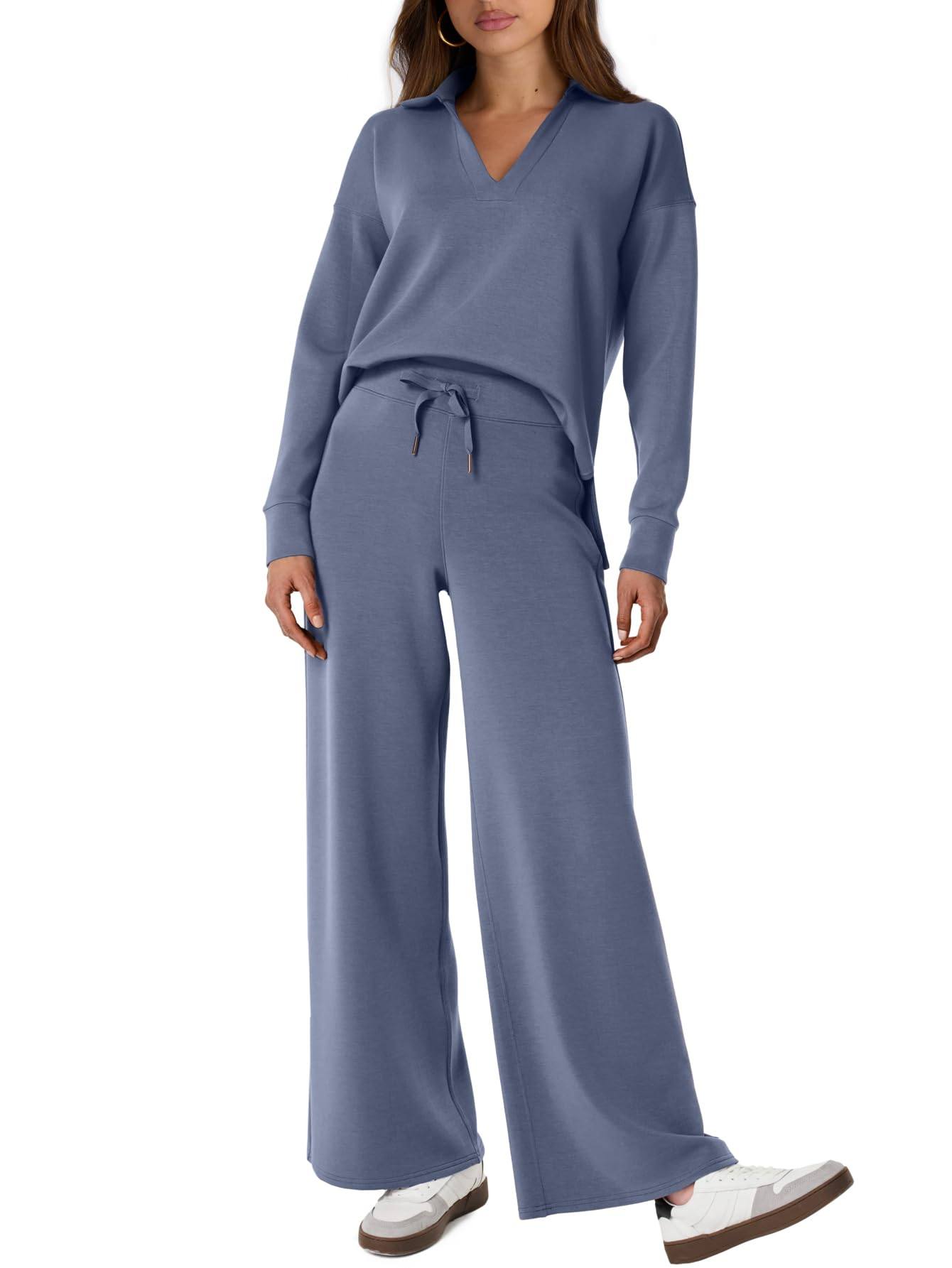 2025 Spring Women's Polo Shirt Long Sleeve and Wide Leg Pants Set (Buy 2 Free Shipping)