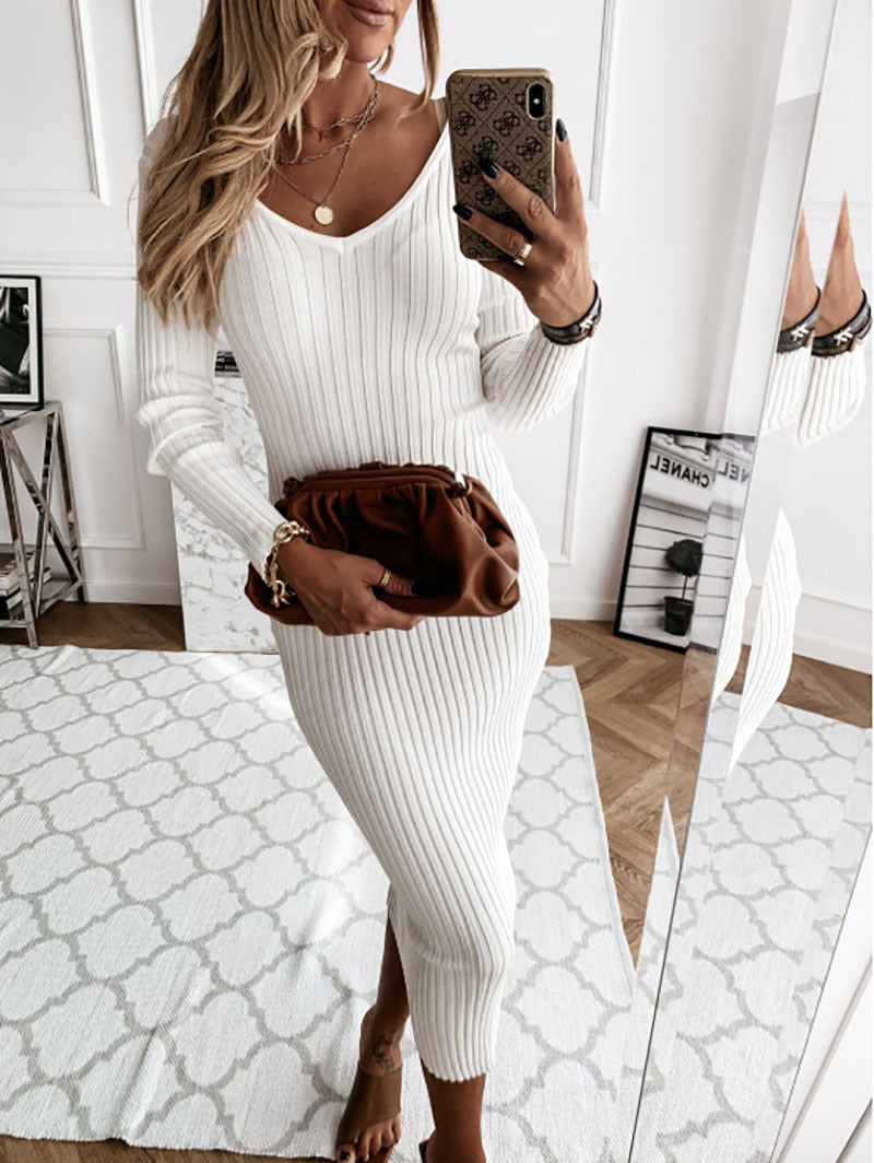 Casual solid color rib low cut V-neck tight long sleeve dress