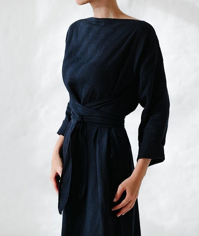 Minimalist Cotton Linen Long Sleeve Lace-up Maxi Dress