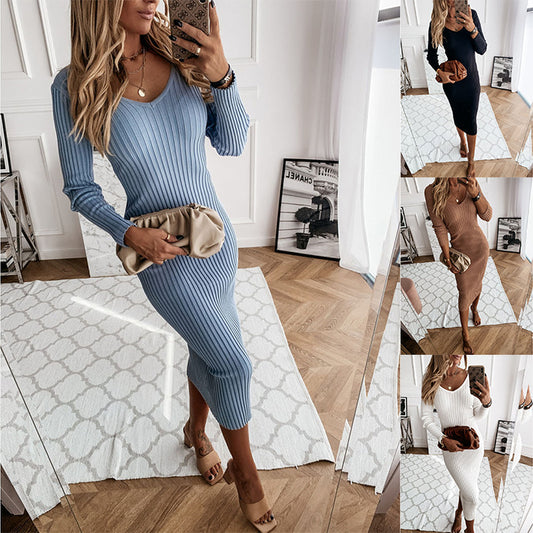 Casual solid color rib low cut V-neck tight long sleeve dress