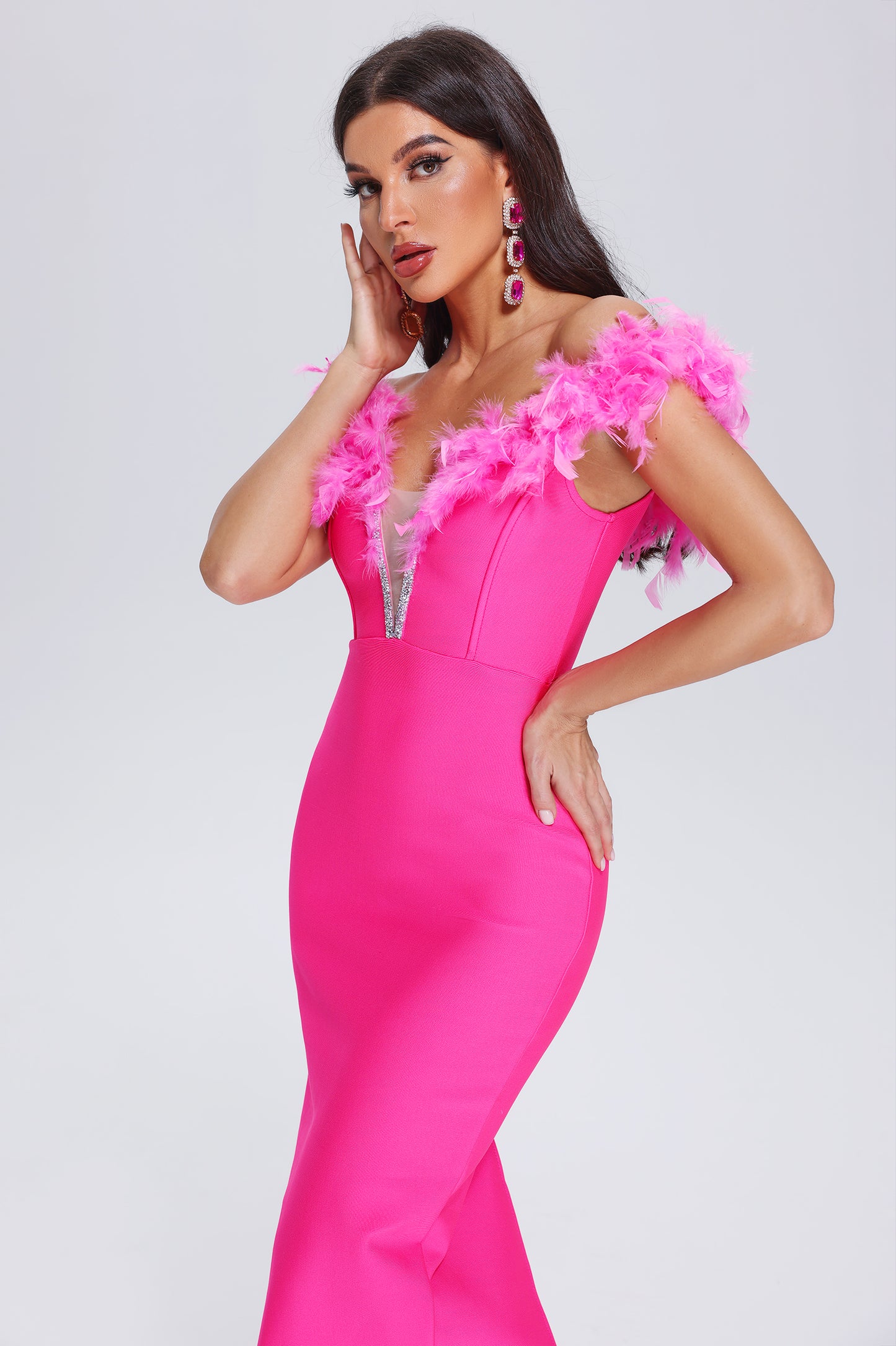 Patent Feather Midi Bandage Dress