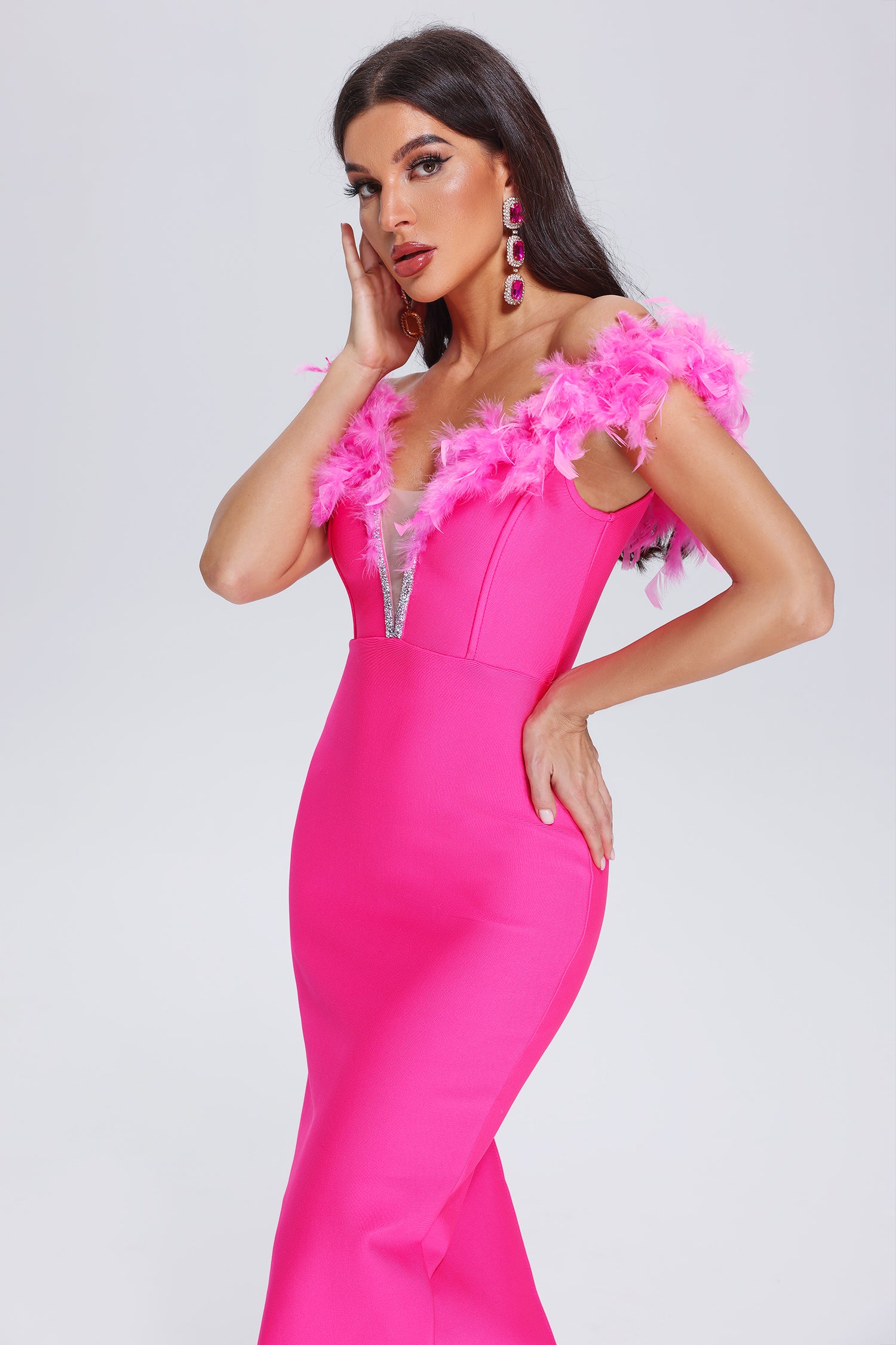 Patent Feather Midi Bandage Dress