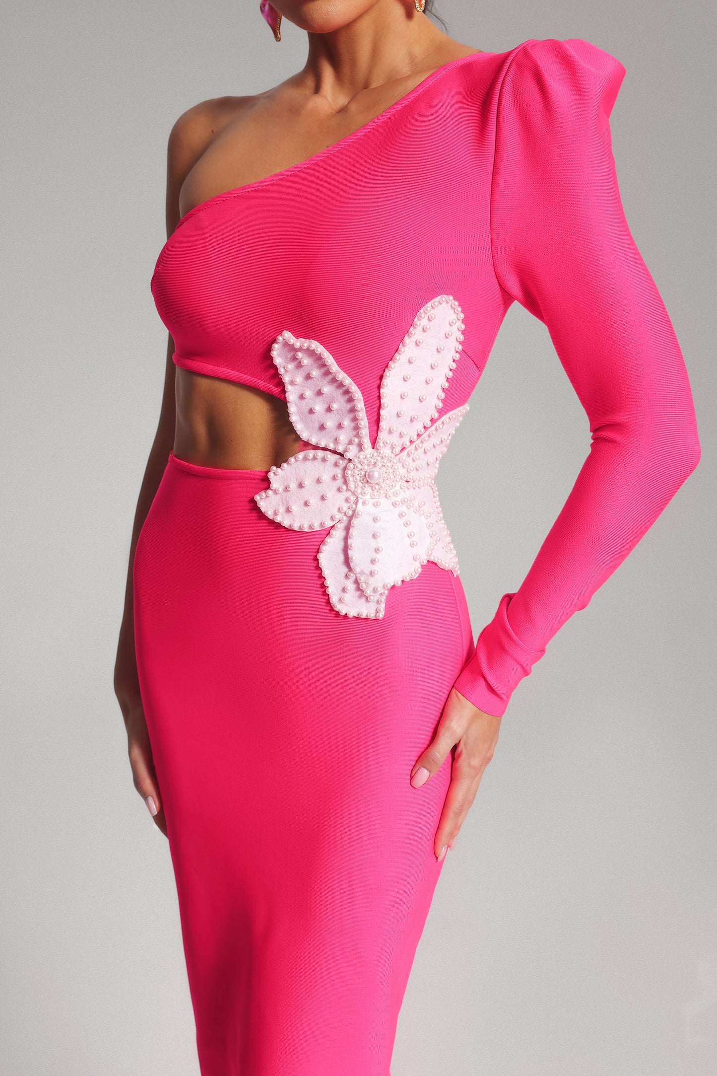 Brook Floral One Shoulder Bandage Dress-Pink