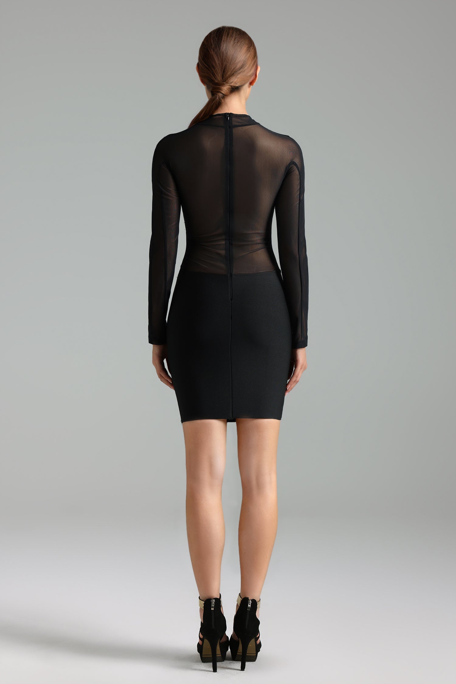 Stretchy High Neck Long Sleeves Netting Bandage Mini Dress