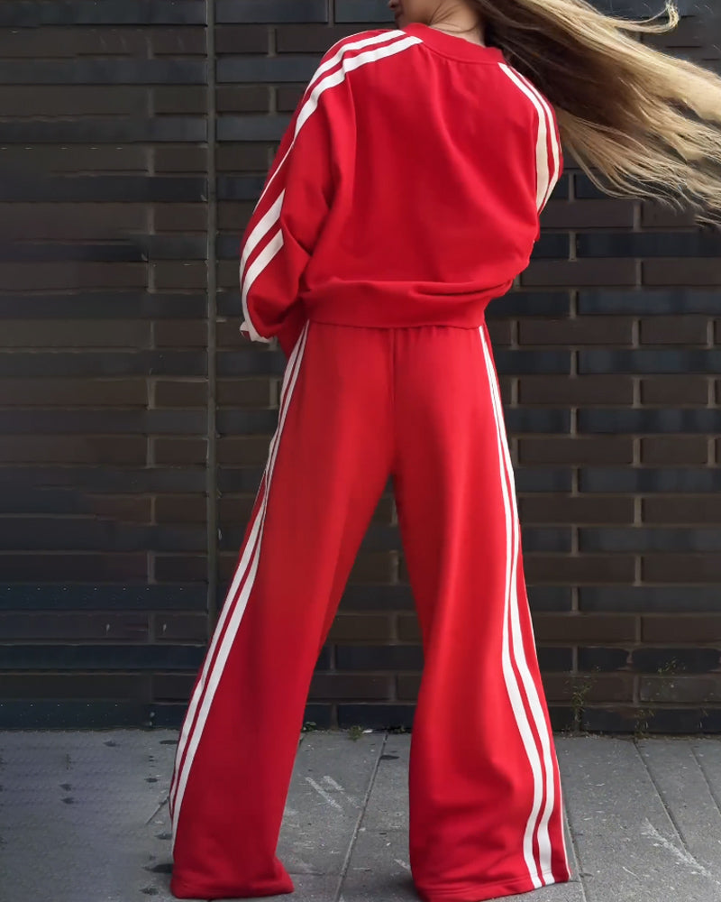 Casual V-Neck Striped Sweat & Wide Leg Pants Two-Piece Set