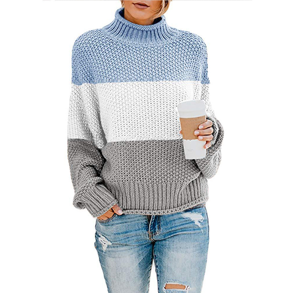 New Thick Color Block Turtleneck Sweater