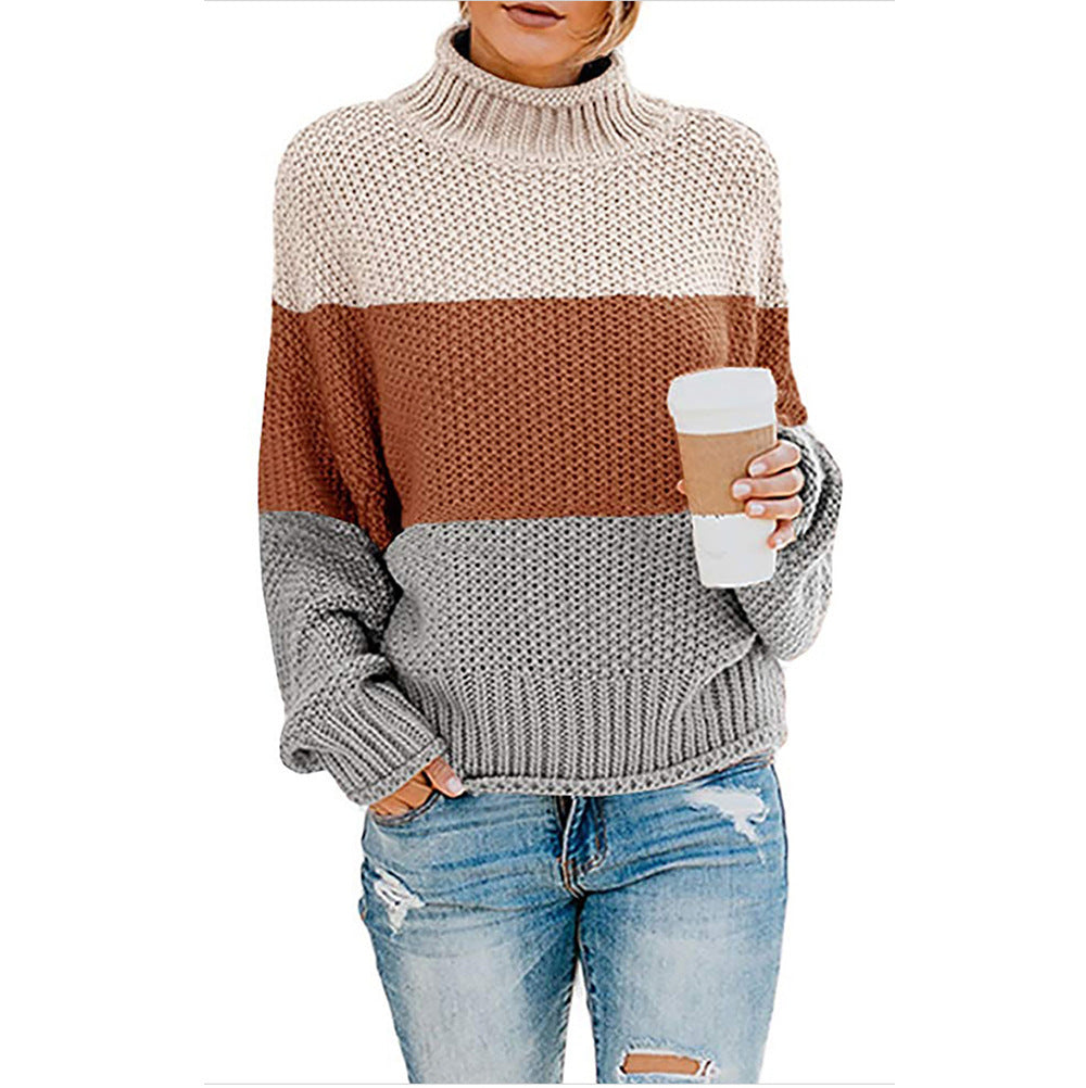 New Thick Color Block Turtleneck Sweater