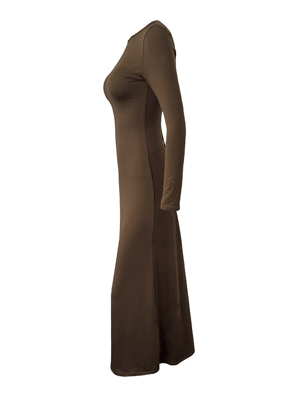 Bodycon Long Sleeves Backless Hollow Solid Color Split-Side Round-Neck Maxi Dresses