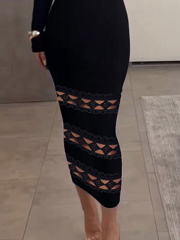 Bodycon Long Sleeves Hollow Solid Color Split-Joint Off-The-Shoulder Midi Dresses