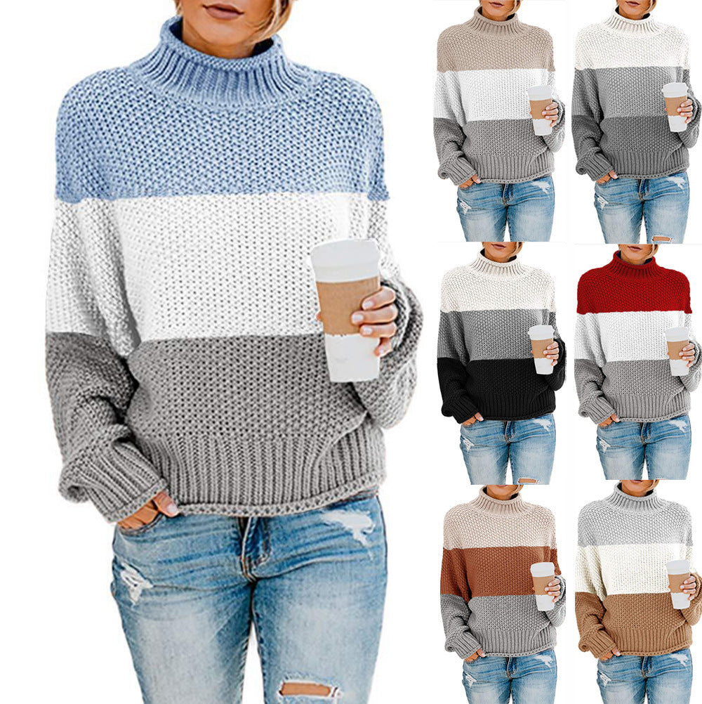 New Thick Color Block Turtleneck Sweater