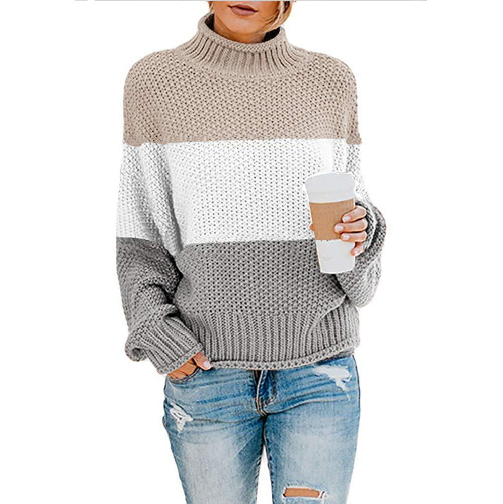 New Thick Color Block Turtleneck Sweater
