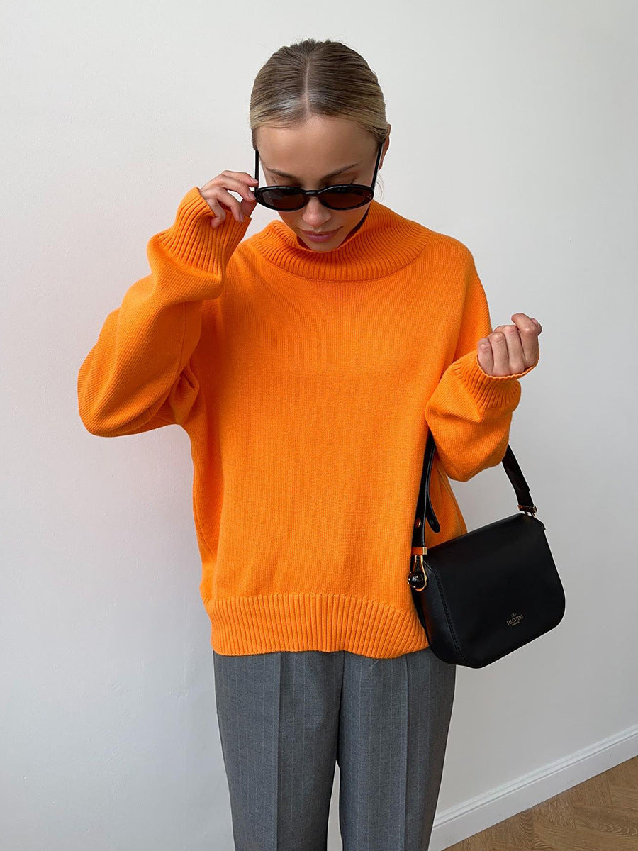 Autumn and Winter solid color simple loose high collar solid color knitted sweater for women