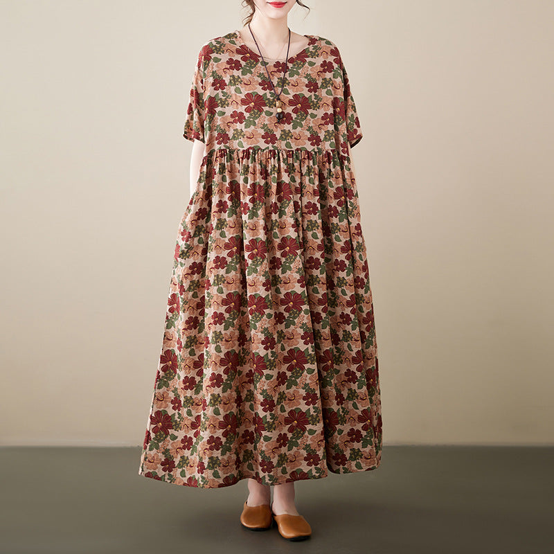 Ethnic Style Floral Print Short Sleeve Round Neck Maxi Dress