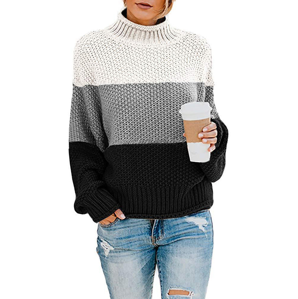 New Thick Color Block Turtleneck Sweater