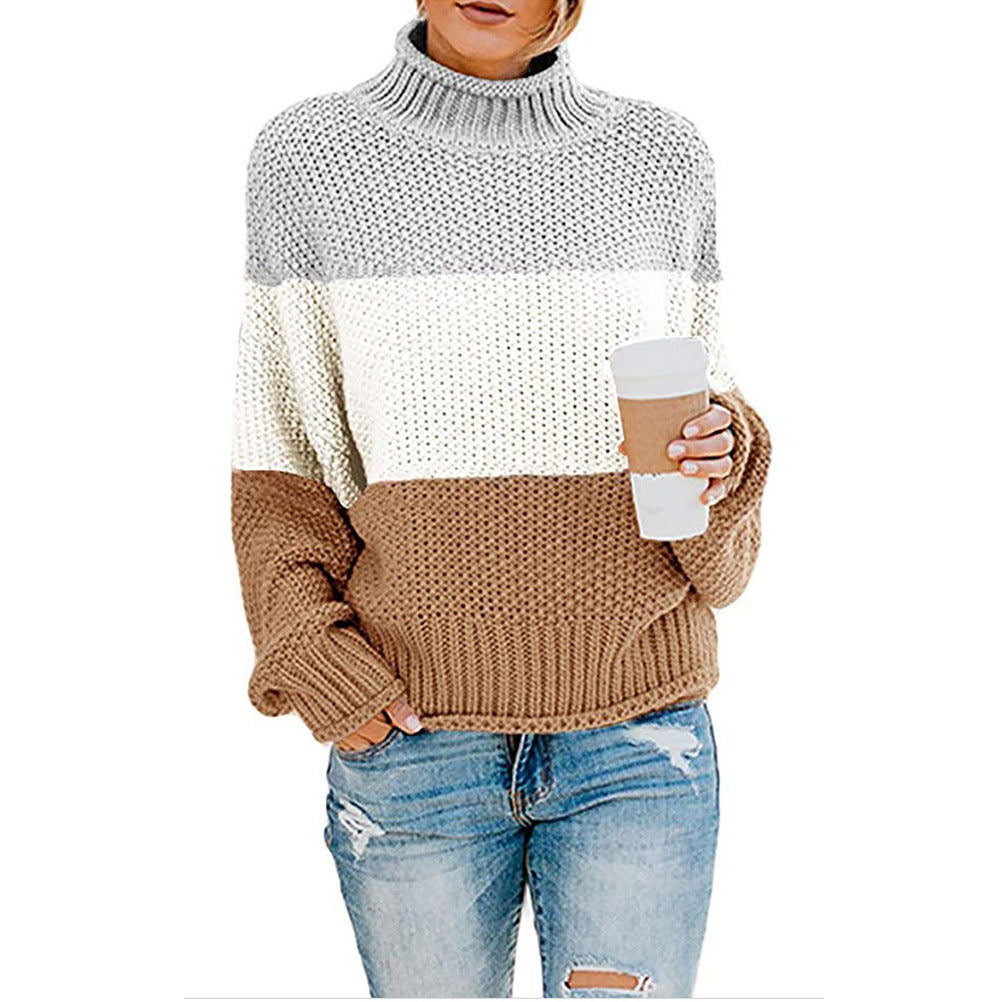 New Thick Color Block Turtleneck Sweater