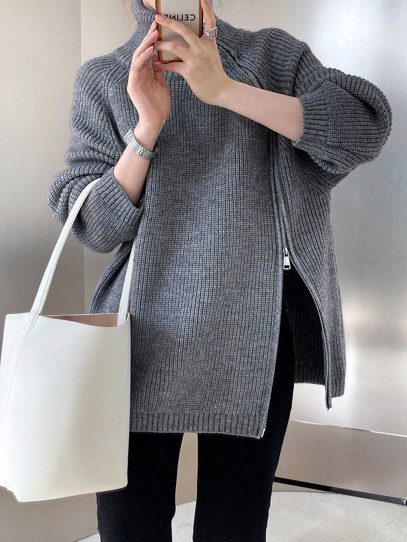 Casual Solid Color Zipper Turtleneck Knit Sweater
