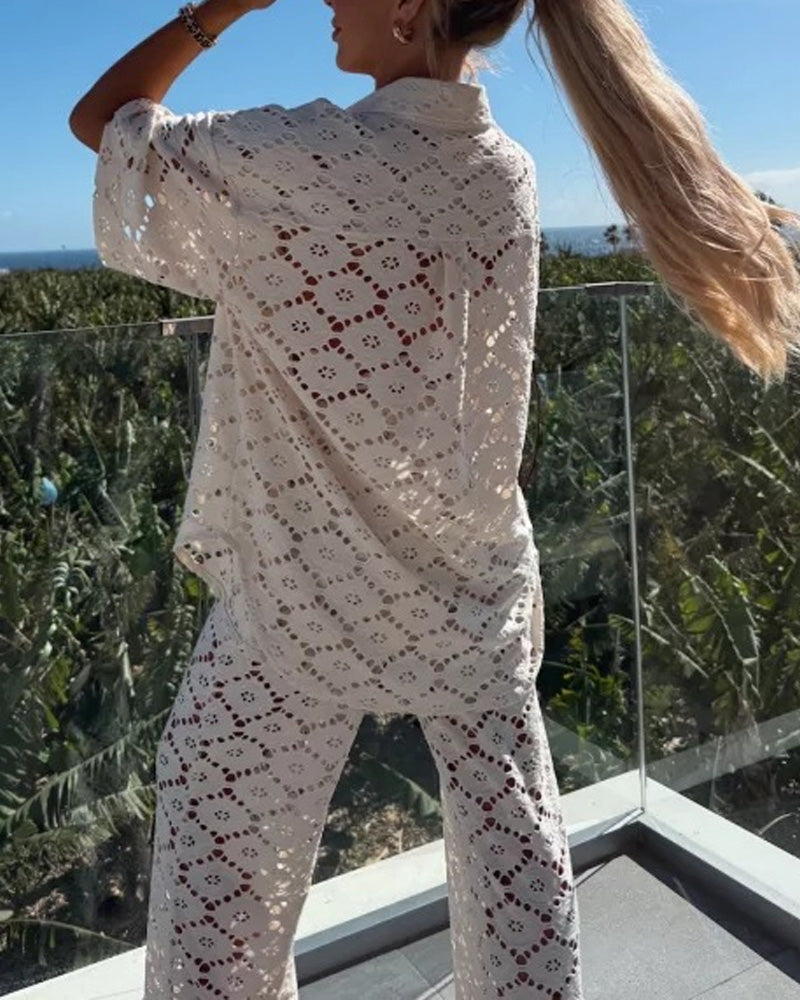 Fashion Hollow Lace Short Sleeve Trousers Set