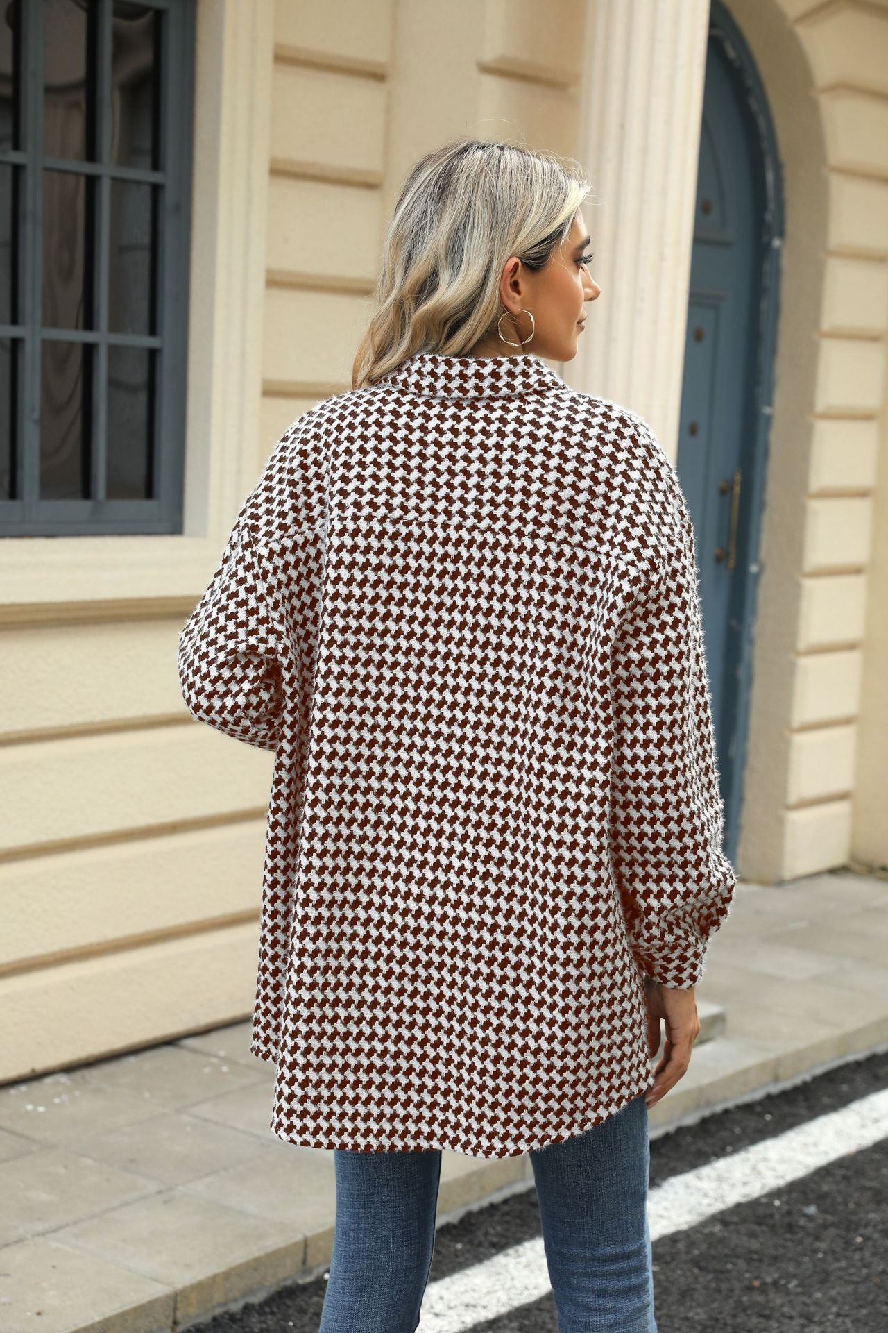 Autumn and Winter houndstooth polo collar top mid-length woolen coat for women