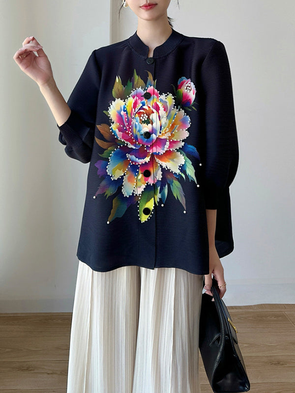 Loose Puff Sleeves Buttoned Flower Print Pleated Round-Neck T-Shirts Tops