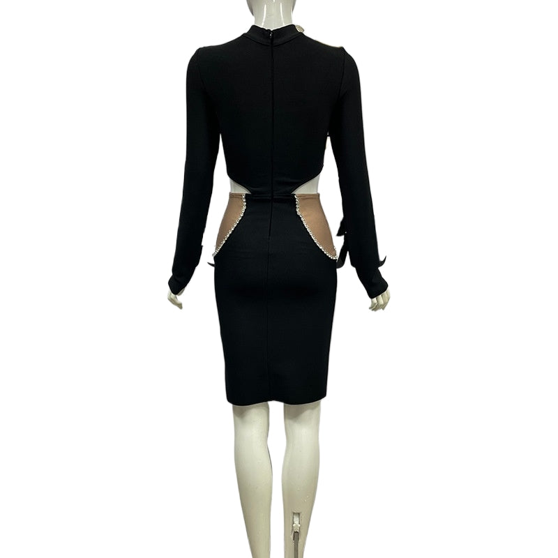 Bandage women's round neck long sleeve sexy cutout diamond color matching tight bandage one-piece dress evening dress
