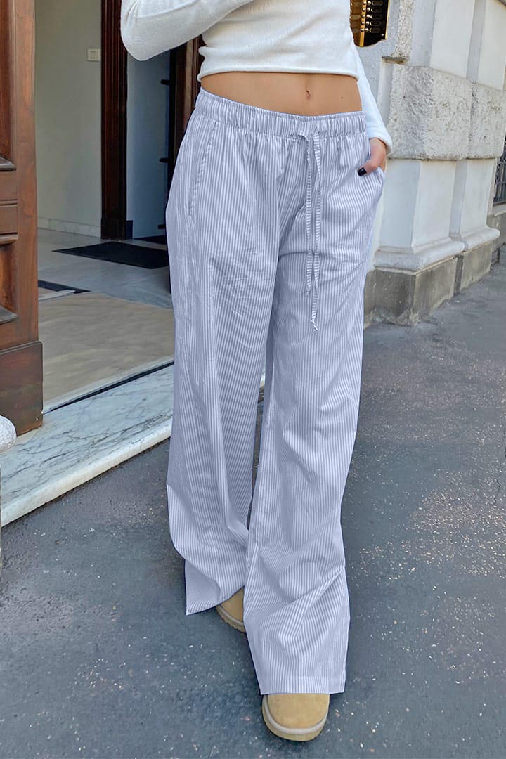 Striped Cotton And Linen Print Drawstring High Waist Straight Casual Pants (Buy 2 Free Shipping)