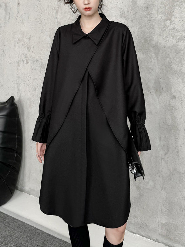 Street Style Fake Two Piece Button Long Sleeve Midi Dress