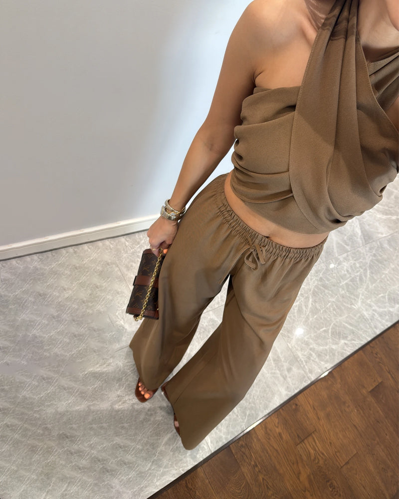 Casual Solid Color Lace-Up Top & Pants Two-Piece Set