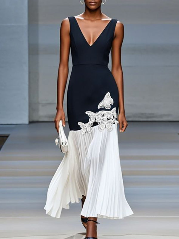 Bodycon High Waisted Butterfly Pleated V-Neck Maxi Dresses