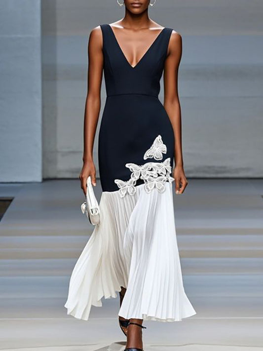 Bodycon High Waisted Butterfly Pleated V-Neck Maxi Dresses