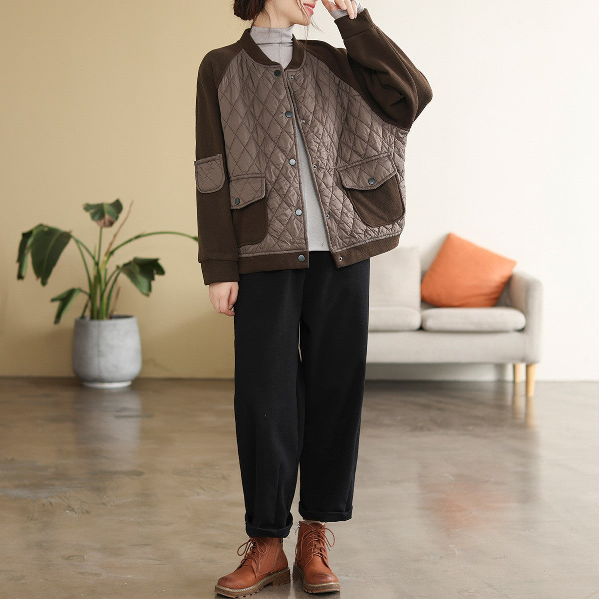 Literary Warm Splicing Round Neck Cotton Jacket