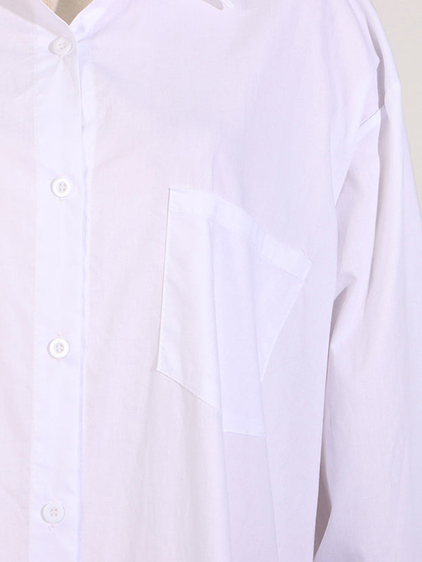 Long Sleeves Loose See-Through Solid Color Split-Joint Split-Side Lapel Maxi Dresses Shirt Dress