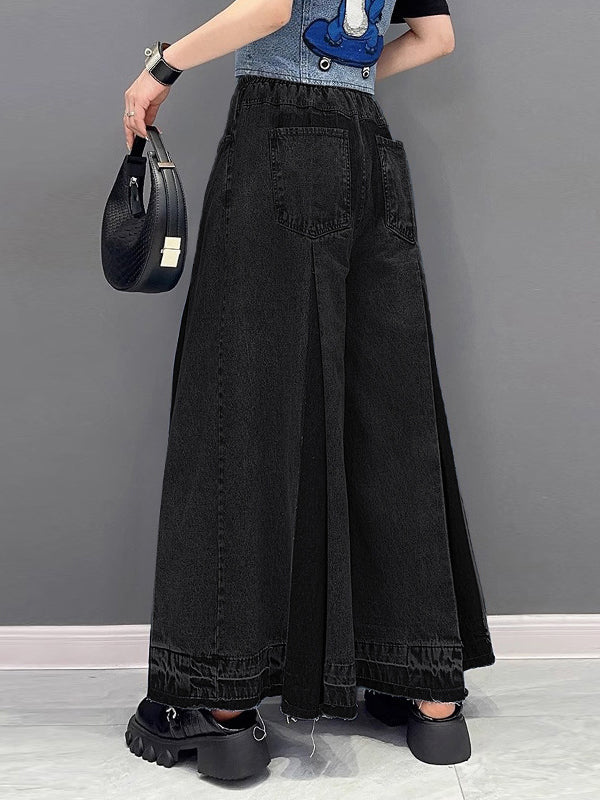 Loose Wide Leg Contrast Color Drawstring Fringed Pockets Jean Pants Bottoms