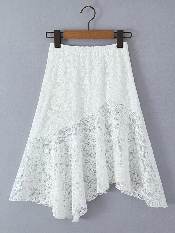 Long Sleeves See-Through Solid Color Mock Neck T-Shirts Tops + Split-Joint Asymmetric High Waisted Skirts Bottom Two Pieces Set