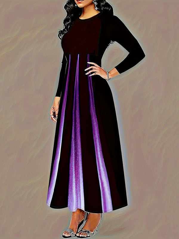 A-Line High Waisted Gradient Pockets Printed Split-Joint Round-Neck Maxi Dresses