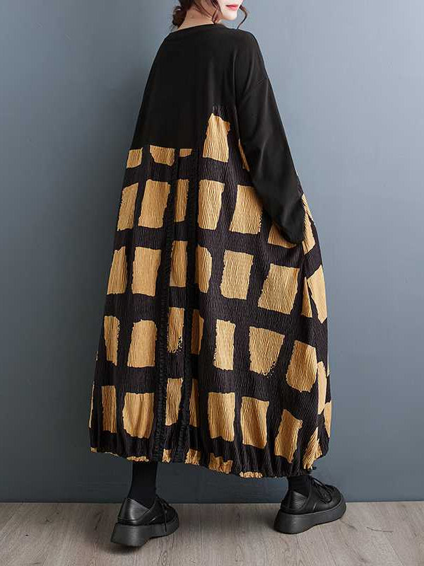 Vintage Plaid Long Sleeve Midi Dress