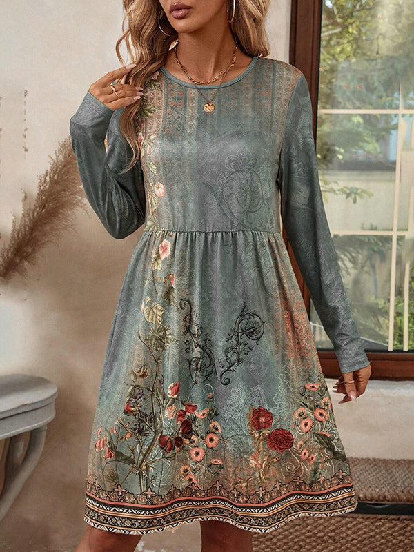 A-line Long Sleeves Flower Print Pleated Split-Joint Round-neck Mini Dresses