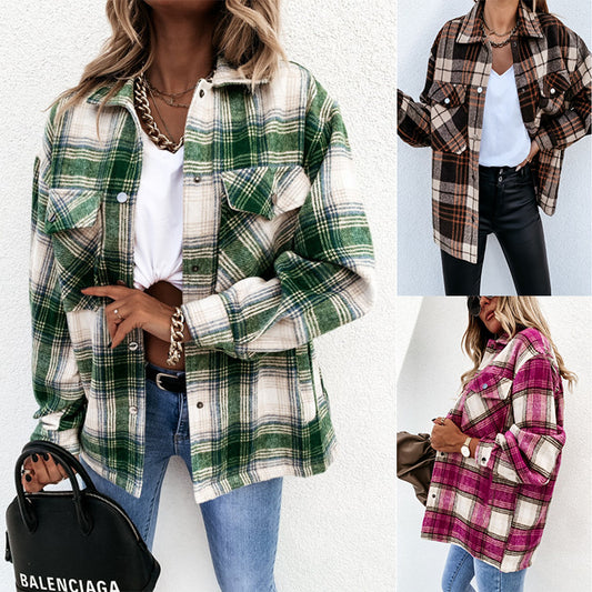 ins women's jacket autumn and winter loose casual retro plaid long sleeve shirt coat