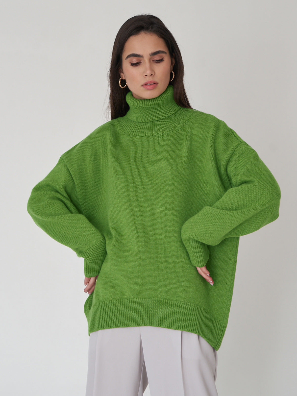 Women's turtleneck sweater autumn and winter loose sweater classic all-match solid color pullover knitted top