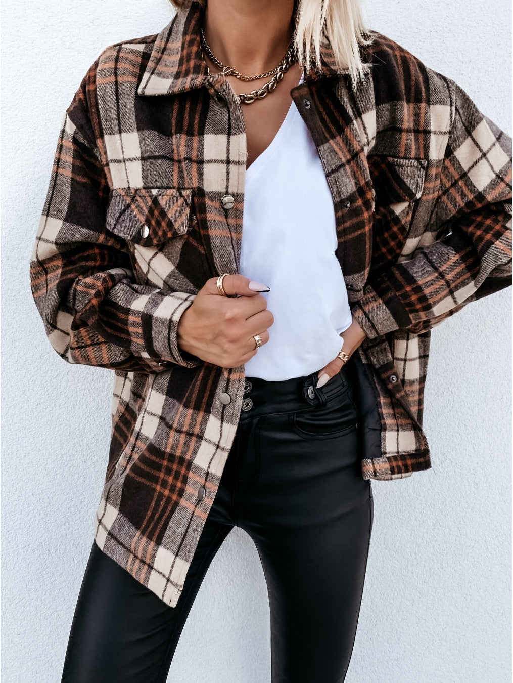 ins women's jacket autumn and winter loose casual retro plaid long sleeve shirt coat