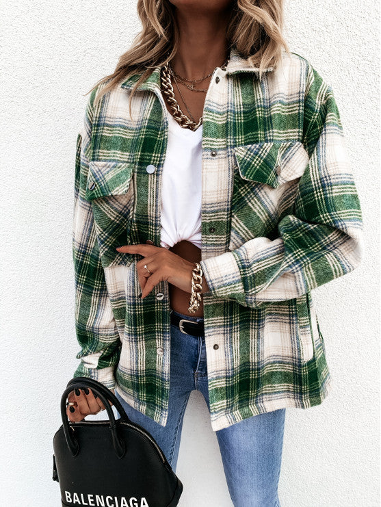 ins women's jacket autumn and winter loose casual retro plaid long sleeve shirt coat